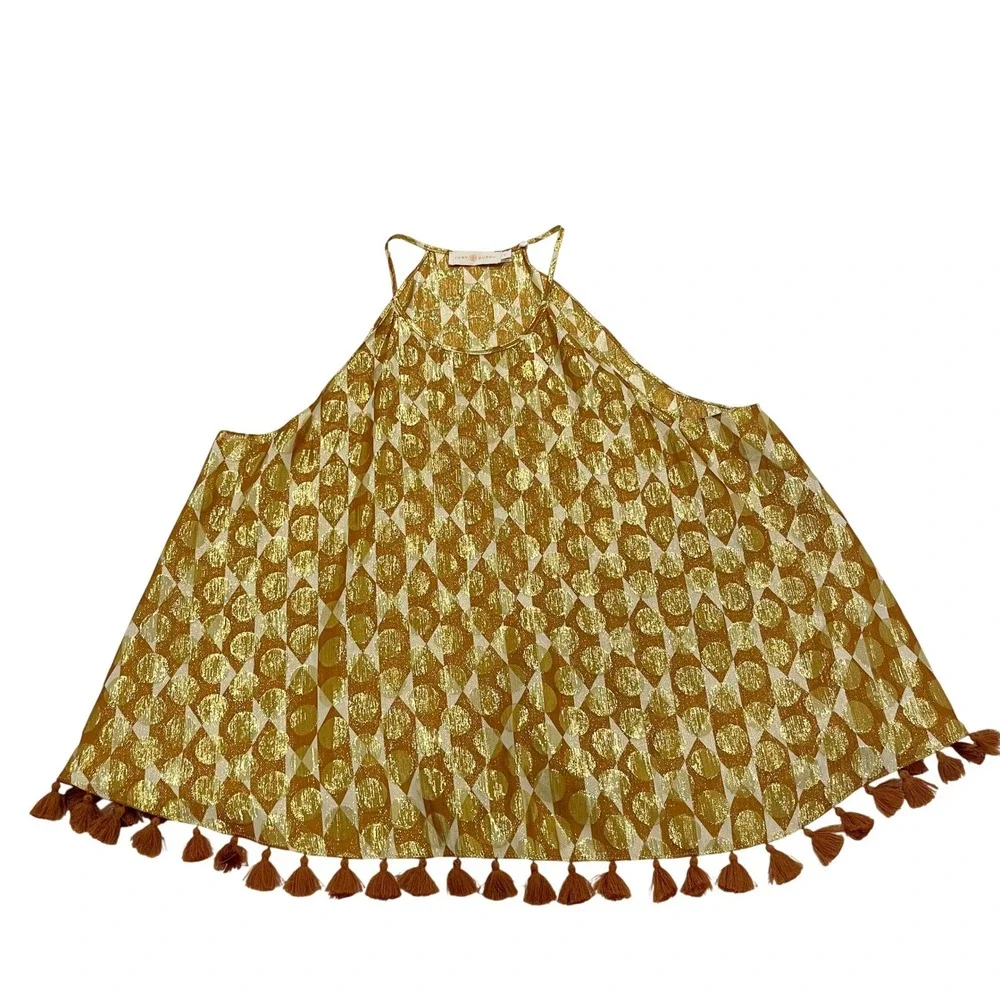 Tory Burch Gold Metallic Geometric Tassel Tank Top Size 8 Harlequin Lurex